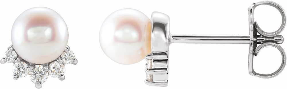 14K White Gold Cultured White Freshwater Cultured Pearl & .08 CTW Natural Diamond Earrings