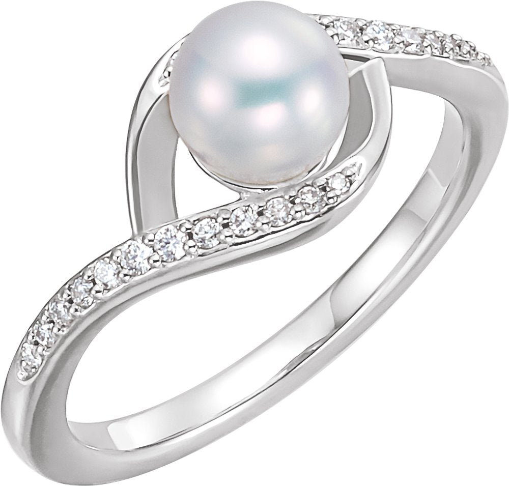 14K White Gold Cultured White Freshwater Pearl & 1/8 CTW Natural Diamond Ring