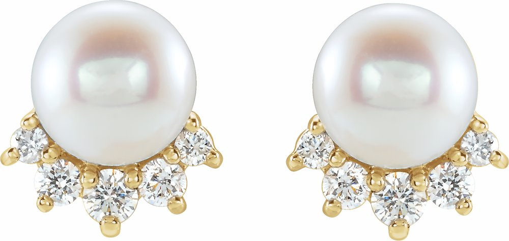 14K Yellow Gold Cultured White Freshwater Cultured Pearl & .08 CTW Natural Diamond Earrings