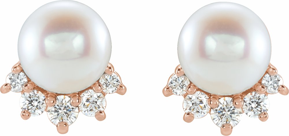 14K Rose Gold Cultured White Freshwater Cultured Pearl & .08 CTW Natural Diamond Earrings