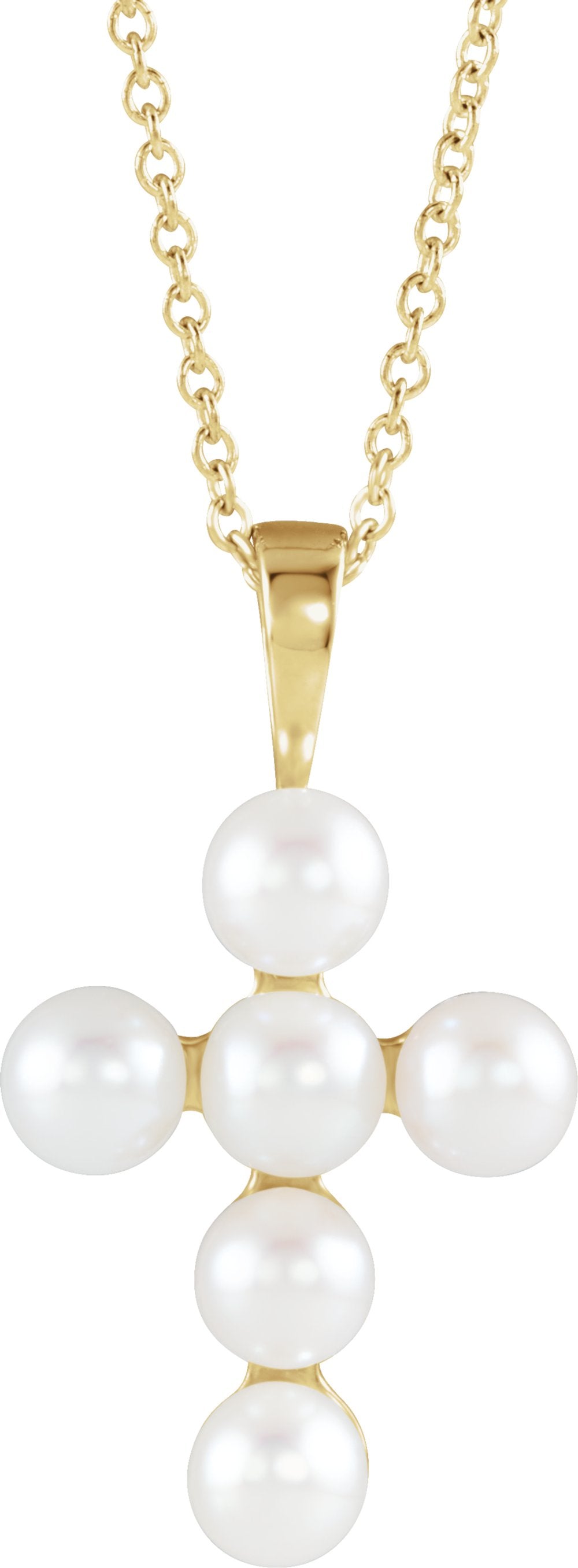 14K Yellow Gold Cultured White Freshwater Pearl Cross 16-18" Necklace