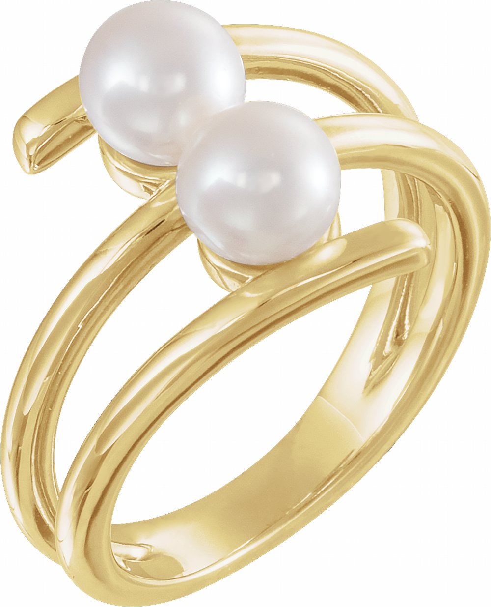 14K Yellow Cultured White Freshwater Pearl Two-Stone Ring