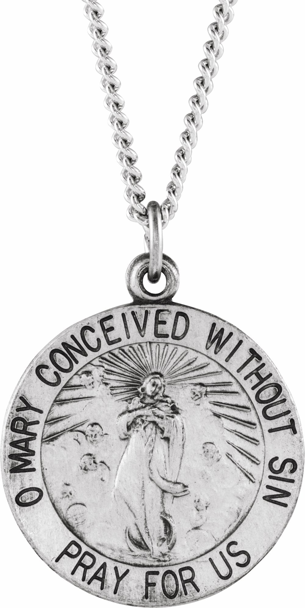 Sterling Silver 18 mm Round Immaculate Conception Medal 18" Necklace