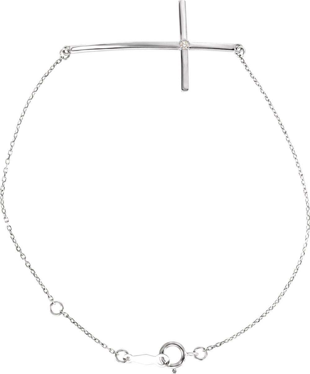 14K White Gold .025 CT Natural Diamond Sideways Cross 7-8" Bracelet