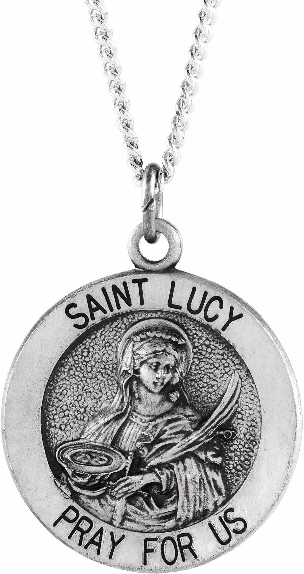 Sterling Silver 18 mm Round St. Lucy Medal 18" Necklace