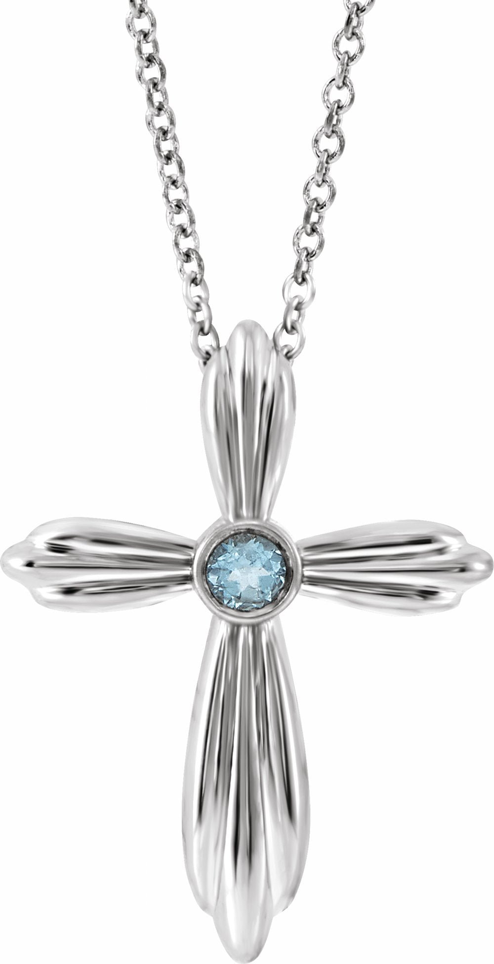 14K White Gold Natural Aquamarine Cross 16-18" Necklace