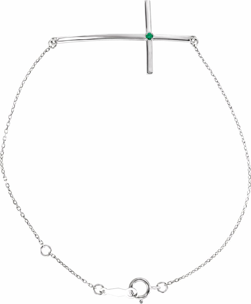 14K White Gold Natural Emerald Sideways Cross 7-8" Bracelet