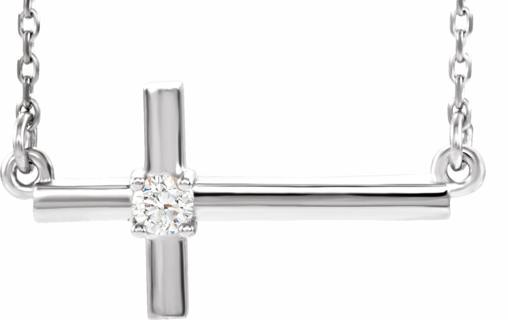 14K White Gold .06 CTW Natural Diamond Sideways Cross 16-18" Necklace