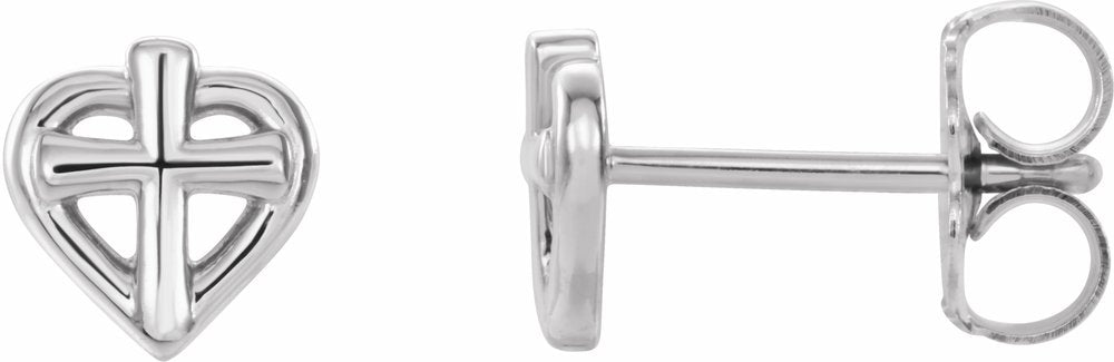 14K White Cross with Heart Youth Earrings