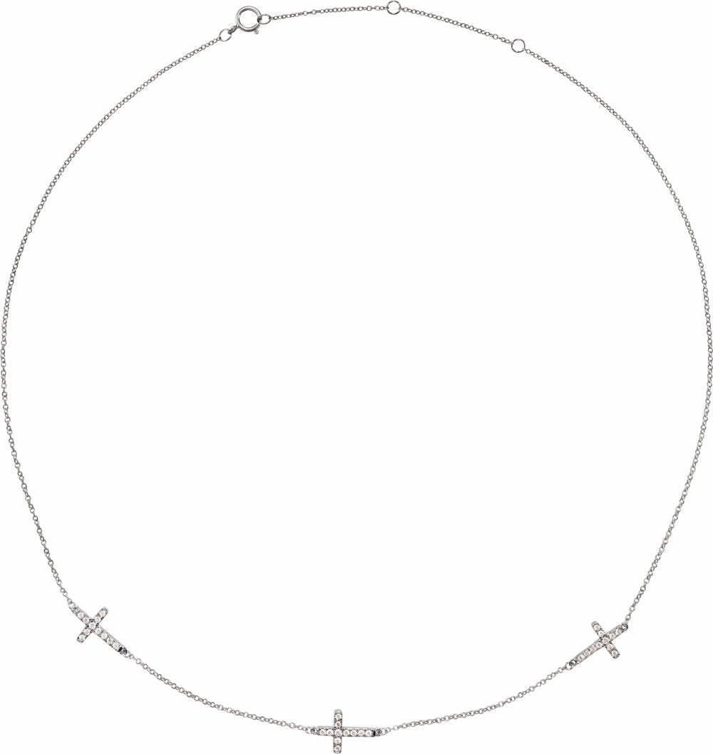 14K White Gold 1/4 CTW Natural Diamond 3-Station Cross 16-18” Necklace