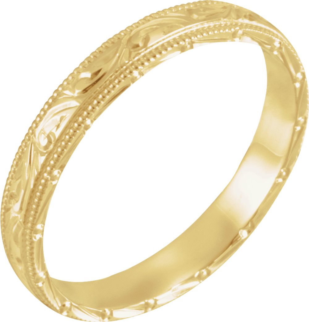 14K Yellow Gold 3 mm Hand-Engraved Milgrain Stepped-Edge Sculptural Half Round Band Size 8