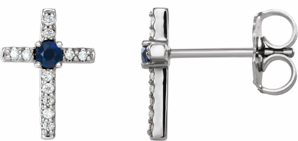 14K White Gold Natural Blue Sapphire & .05 CTW Natural Diamond Cross Earrings