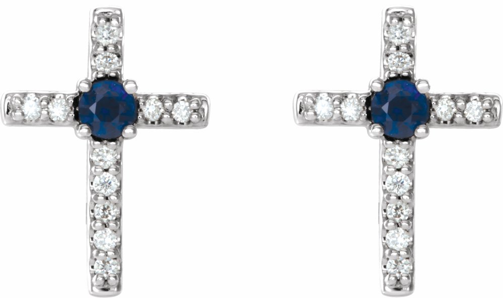 14K White Gold Natural Blue Sapphire & .05 CTW Natural Diamond Cross Earrings