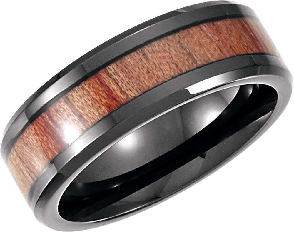 Black PVD Cobalt 8 mm Casted Wood Inlay Comfort-Fit Band Size 9.5