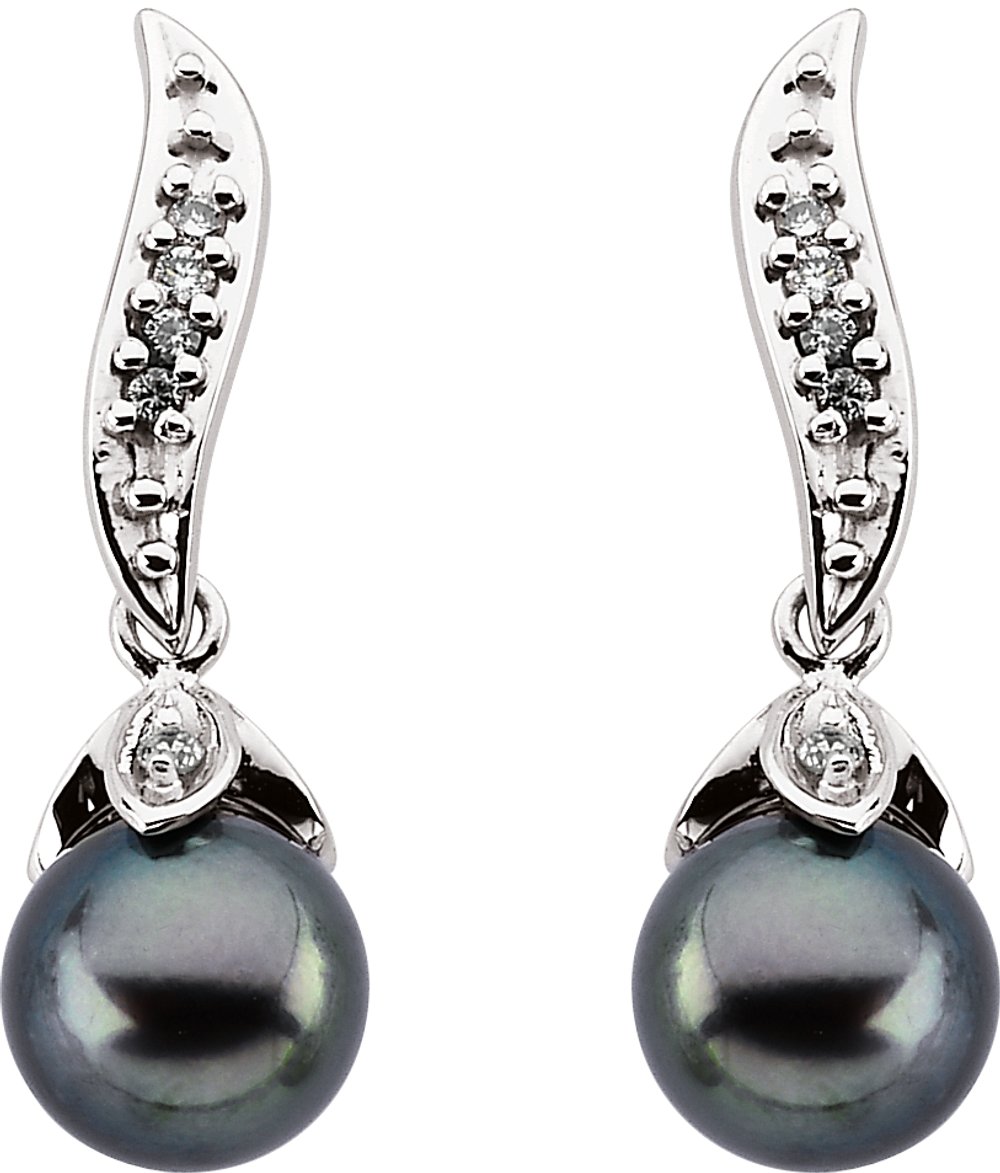 14K White Gold Cultured Black Akoya Pearl & 1/10 CTW Natural Diamond Earrings