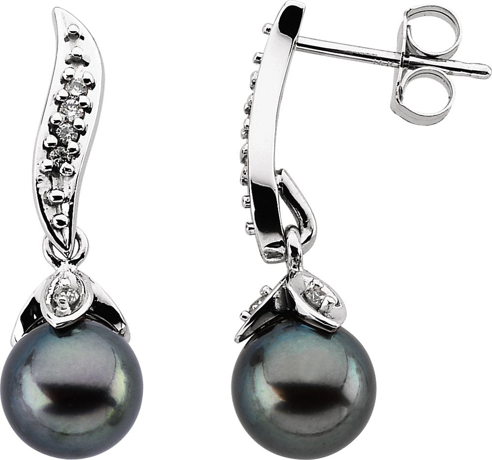 14K White Gold Cultured Black Akoya Pearl & 1/10 CTW Natural Diamond Earrings