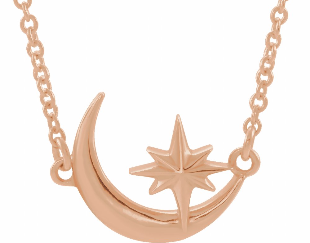 14K Rose Crescent Moon & Star 16-18" Necklace