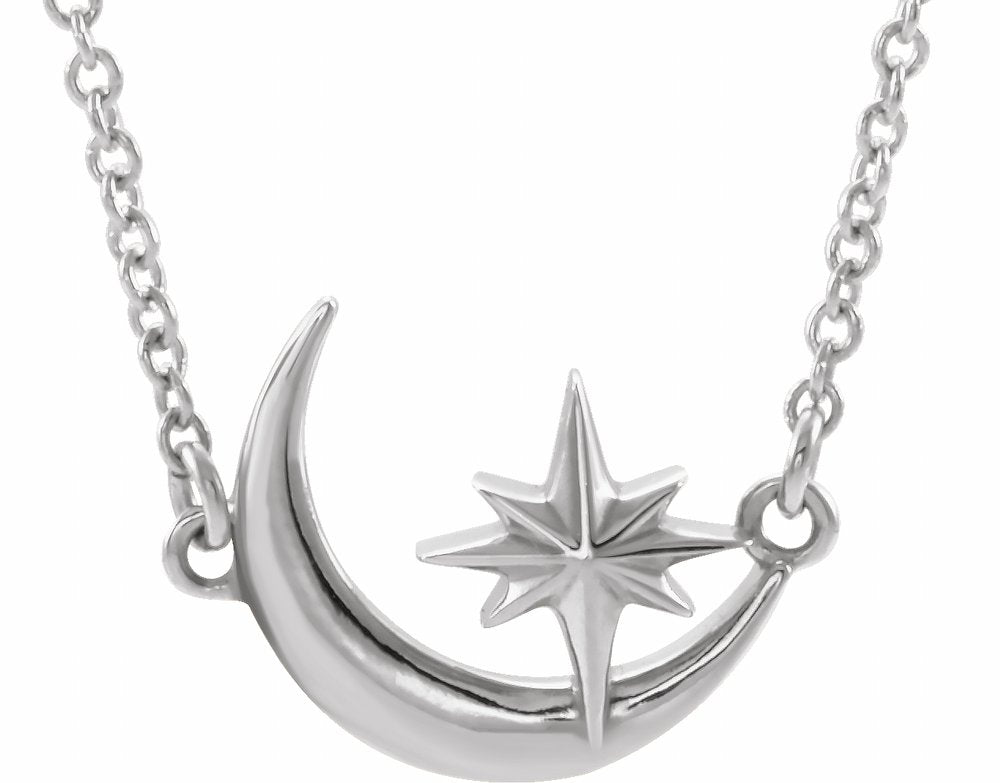 Sterling Silver Crescent Moon & Star 16-18" Necklace