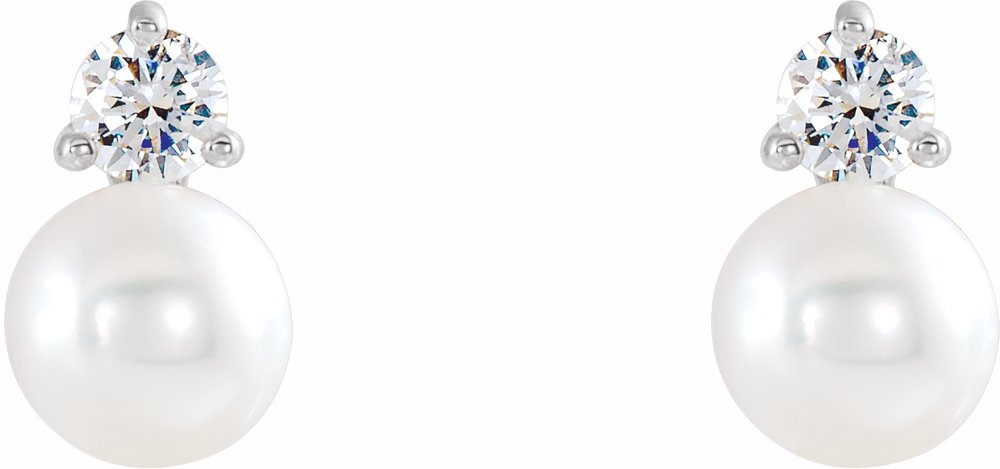 14K White Gold Cultured White Freshwater Pearl & 1/8 CTW Natural Diamond Earrings