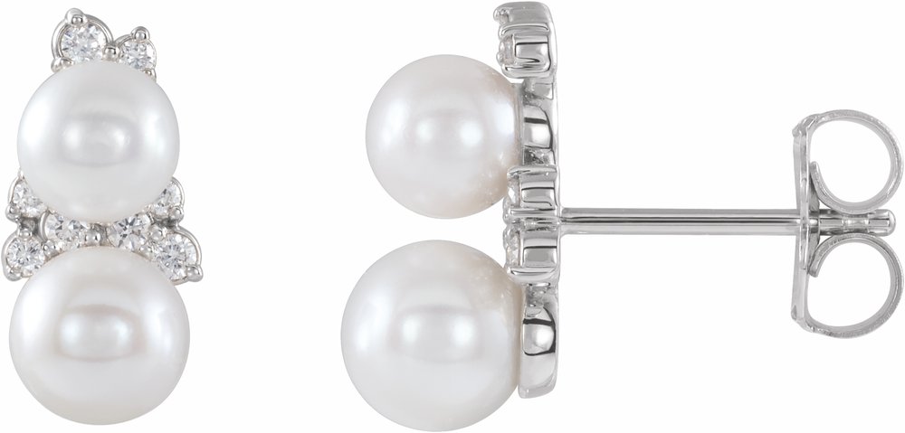 14K White Gold Cultured White Freshwater Pearl & 1/10 CTW Natural Diamond Ear Climbers