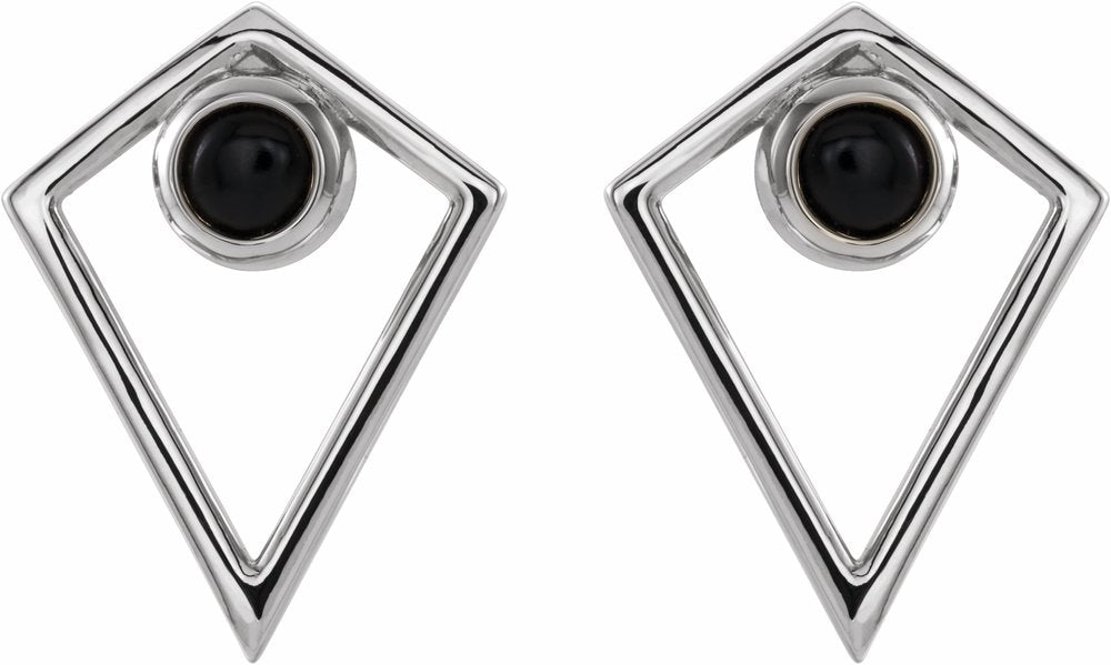 14K White Natural Black Onyx Cabochon Pyramid Earrings