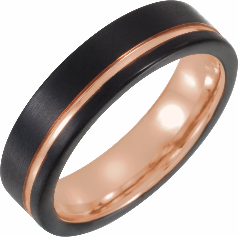 Black & 18K Rose Gold PVD Tungsten 6 mm Grooved Comfort-Fit Band Size 7