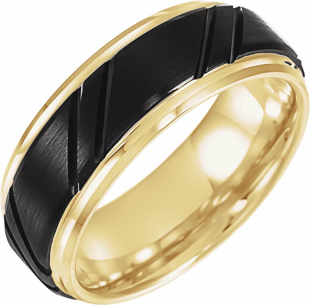 18K Yellow Gold-Plated & Black PVD Tungsten 8 mm Stepped-Edge Grooved Comfort-Fit Band Size 6.5