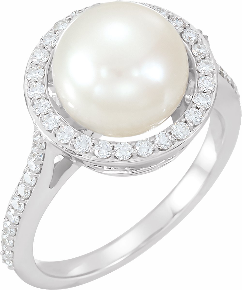 14K White Gold Cultured White Freshwater Pearl & 3/8 CTW Natural Diamond Ring