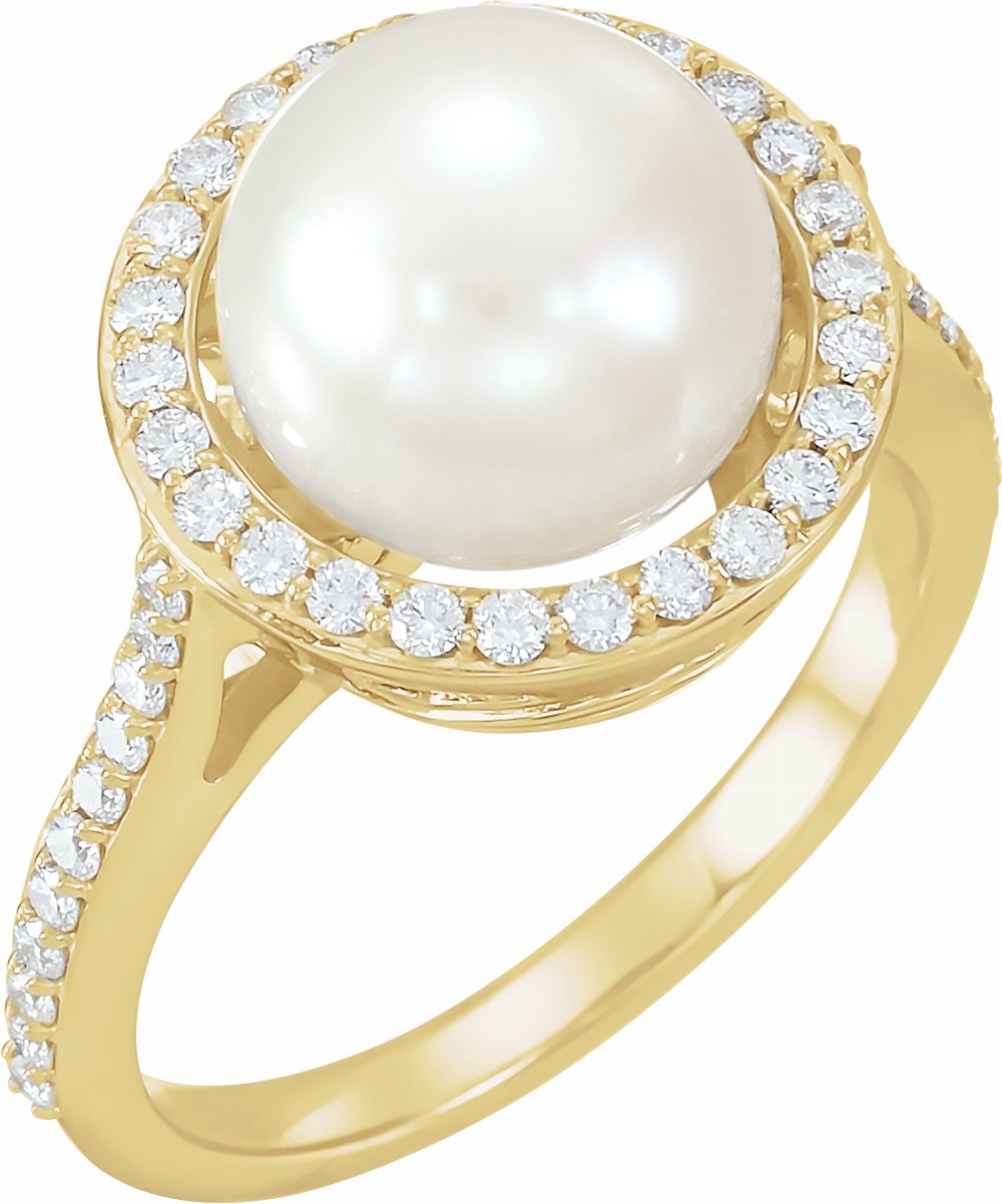 14K Yellow Gold Cultured White Freshwater Pearl & 3/8 CTW Natural Diamond Ring