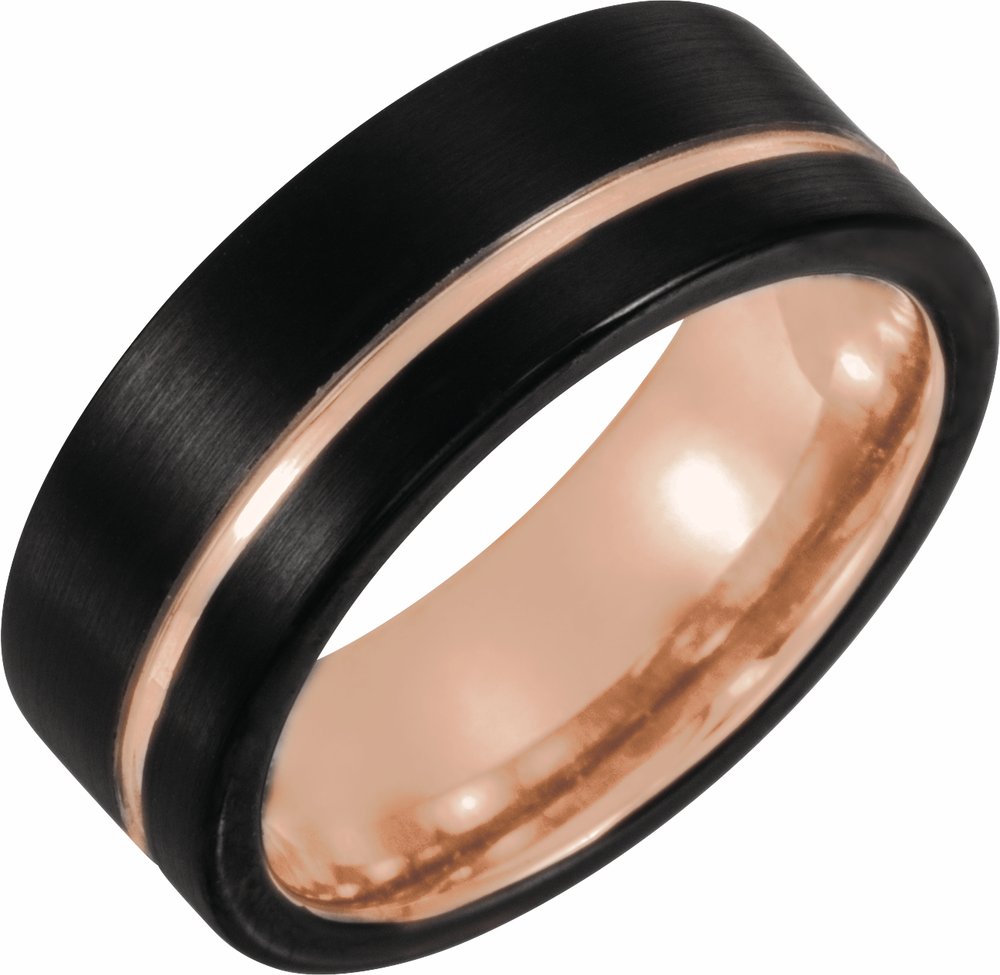 Black & 18K Rose Gold PVD Tungsten 8 mm Grooved Comfort-Fit Band Size 7