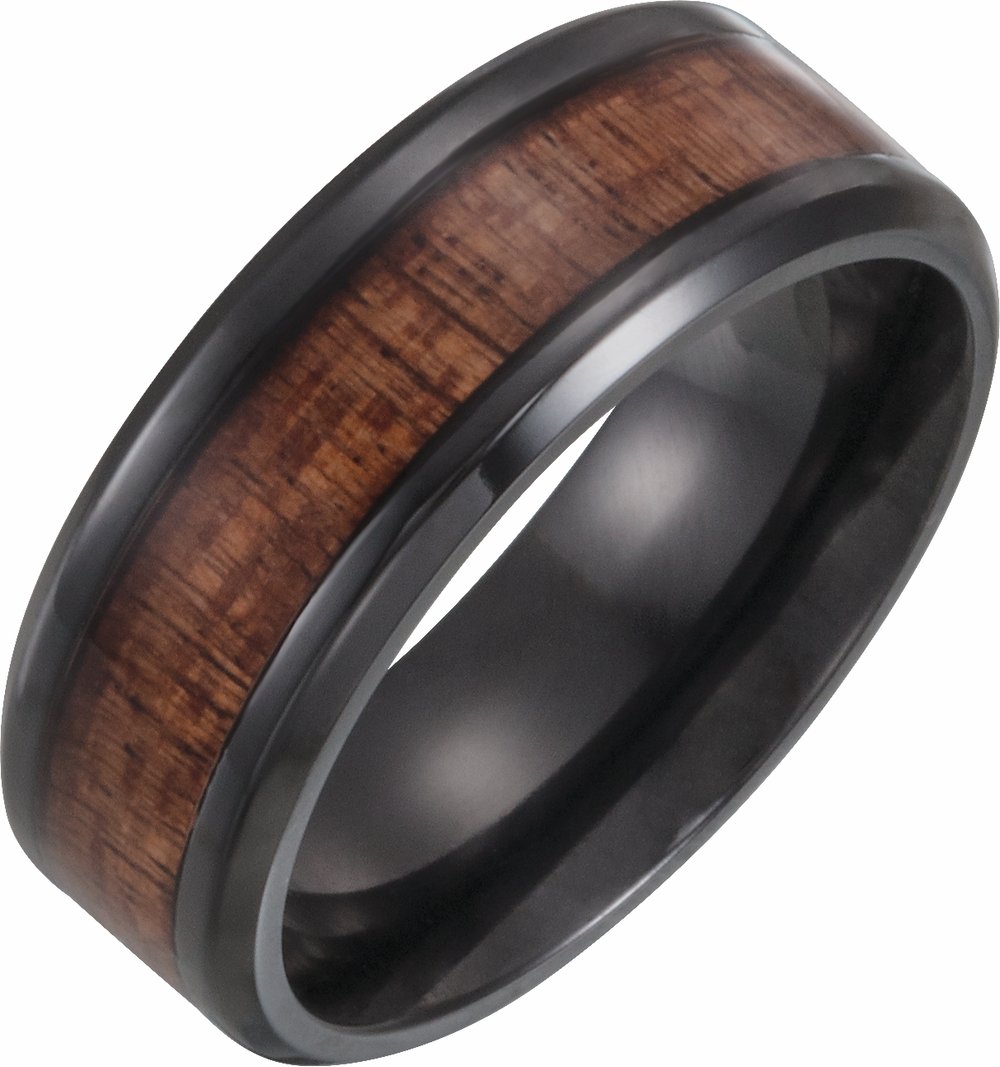 Black Titanium 8 mm Beveled-Edge Hawaiian Koa Wood Inlay Comfort-Fit Band Size 7.5