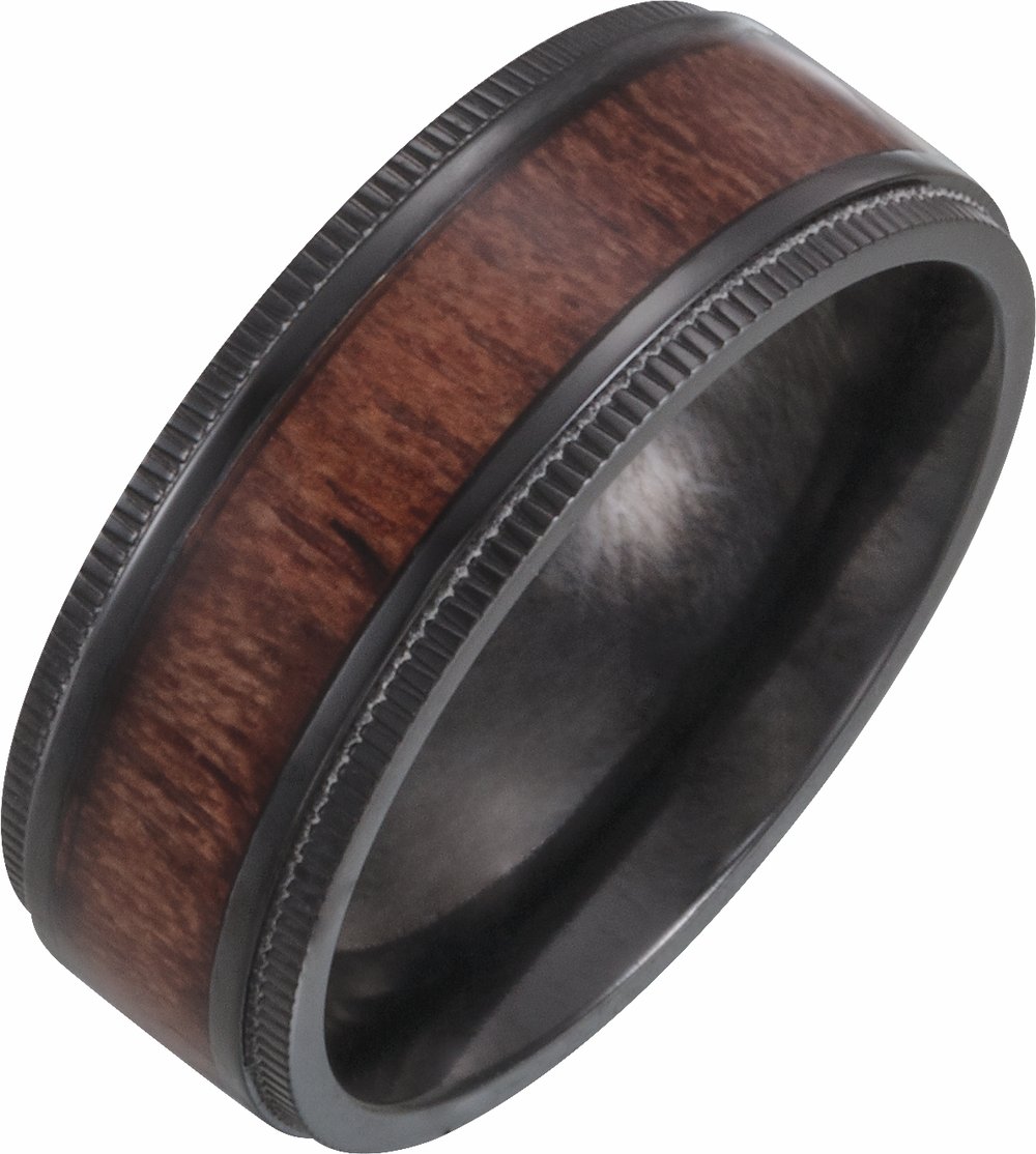 Black Titanium 8 mm Beveled-Edge Teak Wood Inlay Comfort-Fit Band Size 8.5