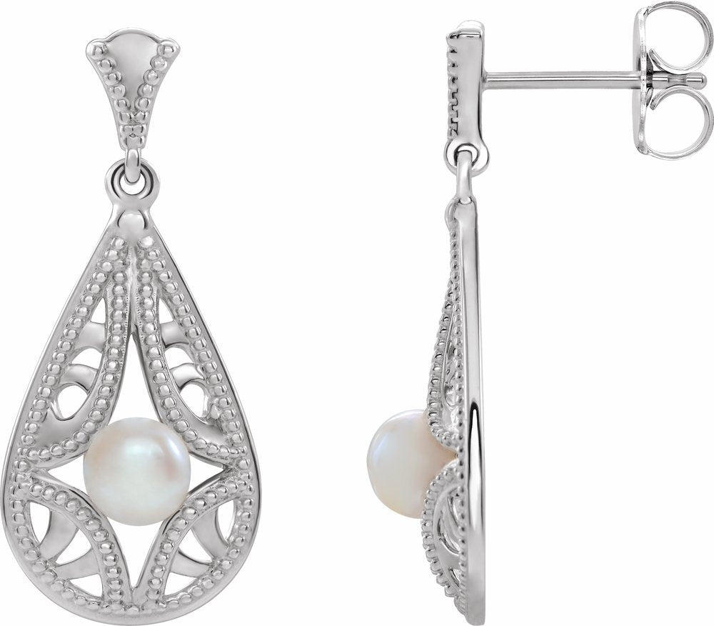 14K White Gold Cultured White Freshwater Pearl Vintage-Inspired Earrings