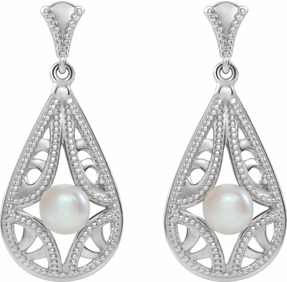 14K White Gold Cultured White Freshwater Pearl Vintage-Inspired Earrings