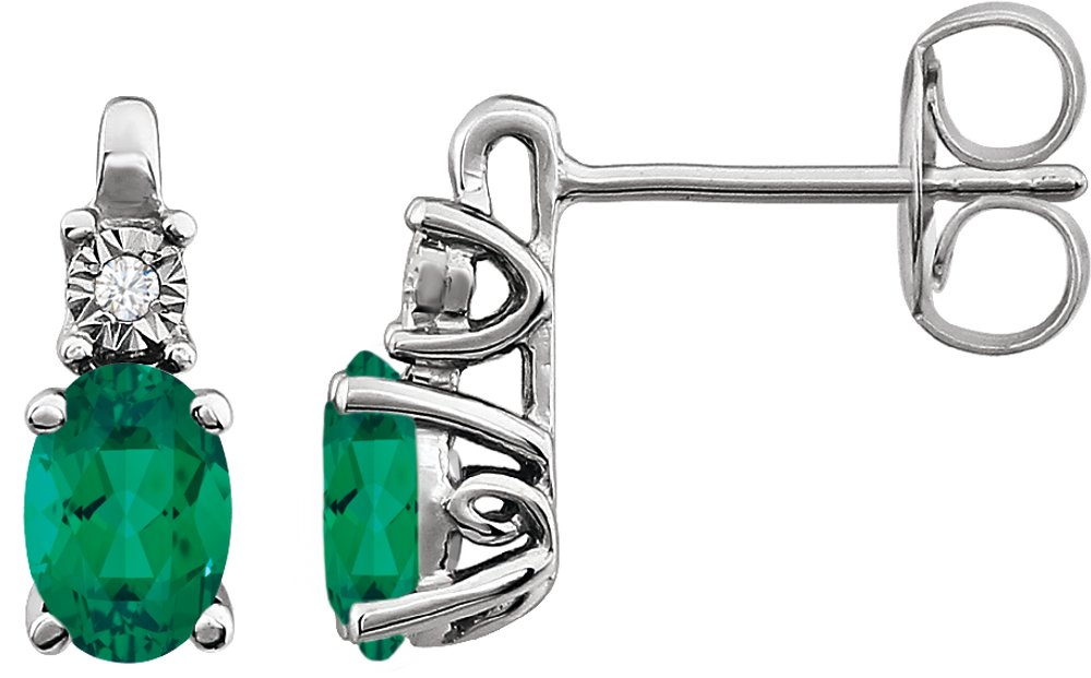 14K White Lab-Grown Emerald & .02 CTW Natural Diamond Earrings