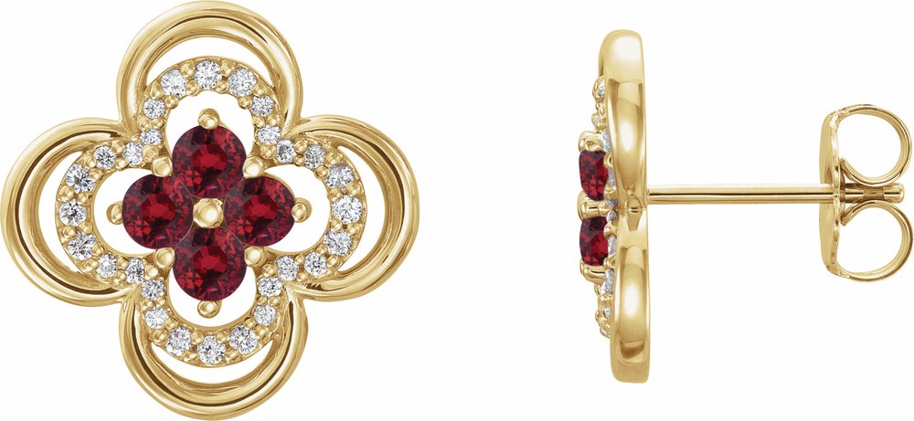 14K Yellow Gold Natural Ruby & 1/5 CTW Natural Diamond Clover Earrings