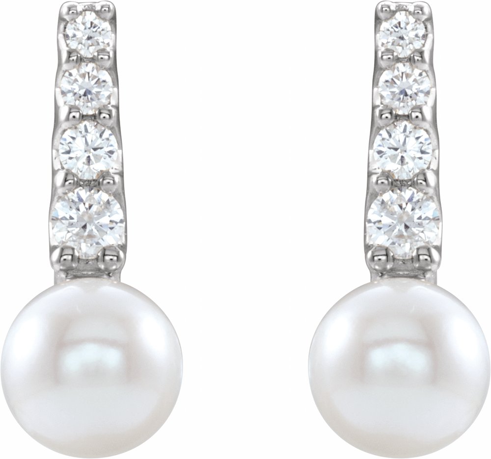 14K White Cultured White Freshwater Pearl & 1/6 CTW Natural Diamond Earrings