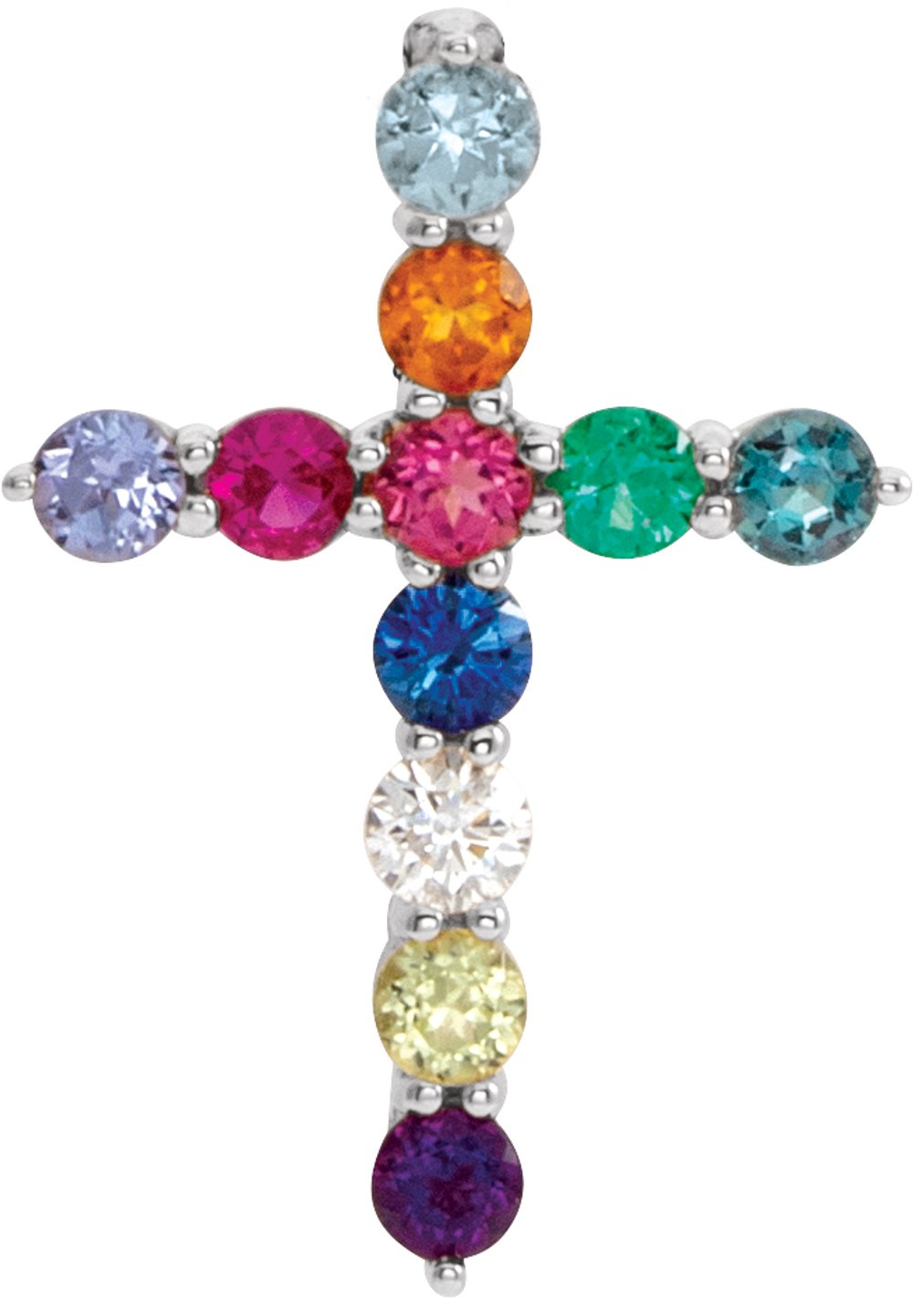 14K White Gold Natural Multi-Gemstone & .03 CT Natural Diamond Cross 16-18" Necklace