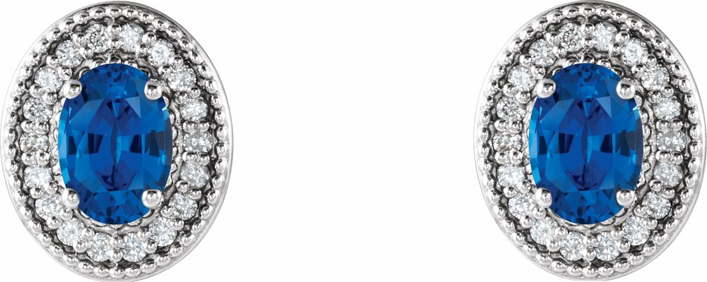 14K White Gold 6x4 mm Natural Blue Sapphire & 1/5 CTW Natural Diamond Halo-Style Earrings