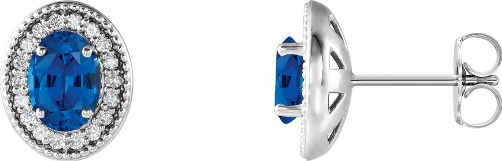 14K White Gold 6x4 mm Natural Blue Sapphire & 1/5 CTW Natural Diamond Halo-Style Earrings