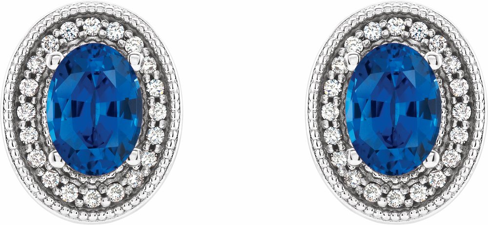 14K White 7x5 mm Natural Blue Sapphire & 1/5 CTW Natural Diamond Halo-Style Earrings