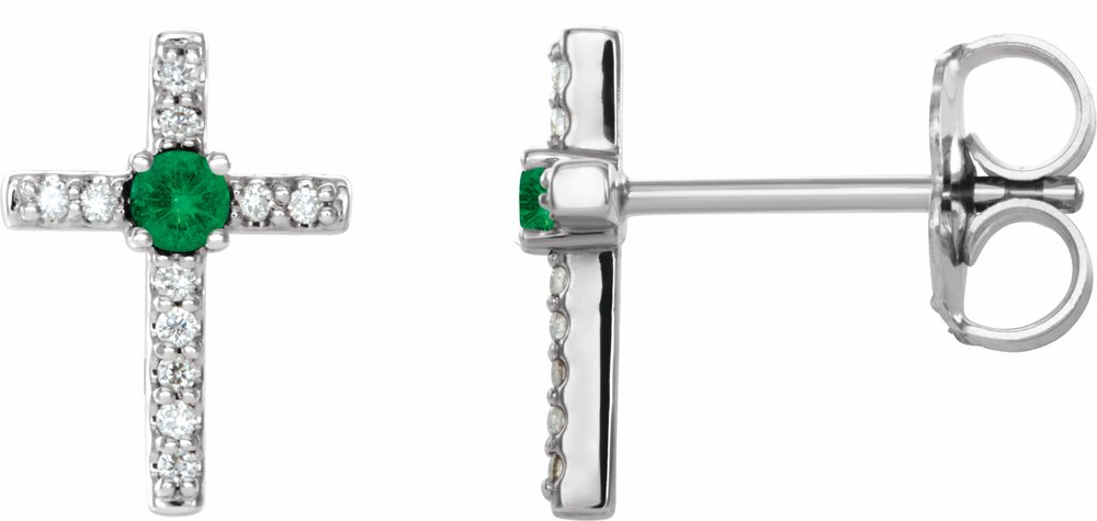 14K White Lab-Grown Emerald & .05 CTW Natural Diamond Cross Earrings
