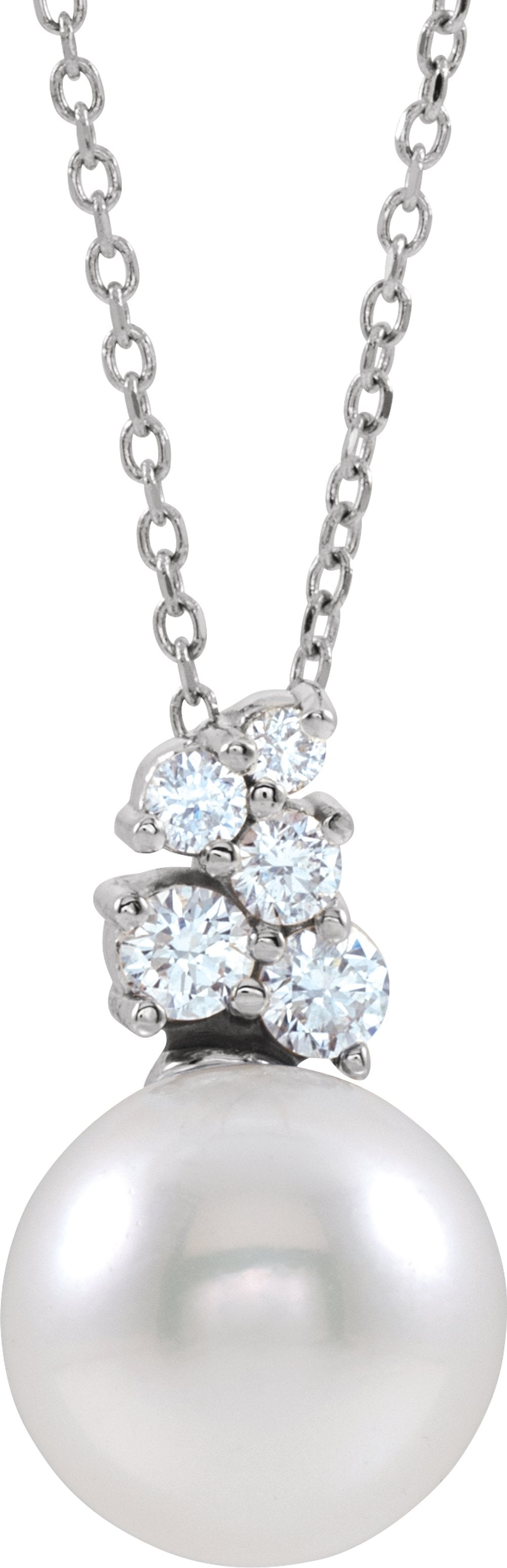 14K White Gold Cultured White Freshwater Pearl & 1/4 CTW Natural Diamond 16-18" Necklace