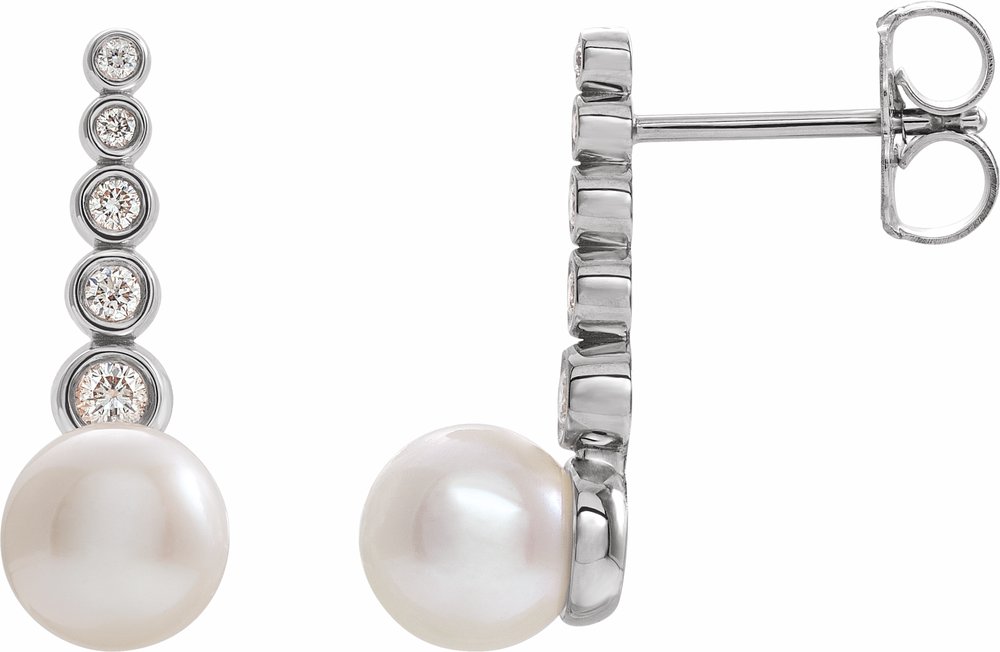 14K White Gold Cultured White Freshwater Pearl & 1/8 CTW Natural Diamond Earrings