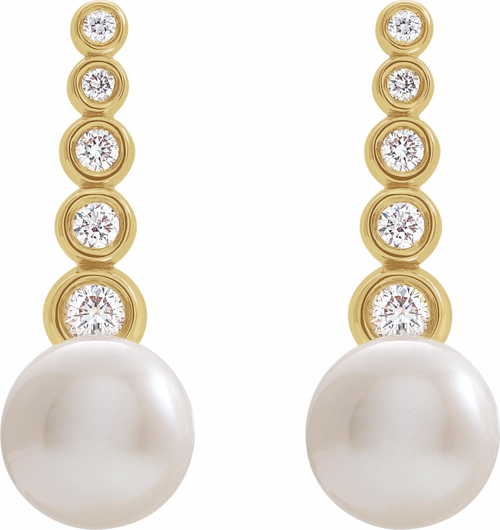14K Yellow Gold Cultured White Freshwater Pearl & 1/8 CTW Natural Diamond Earrings