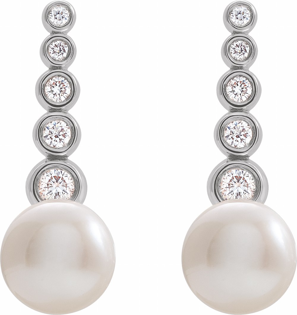 14K White Gold Cultured White Freshwater Pearl & 1/8 CTW Natural Diamond Earrings