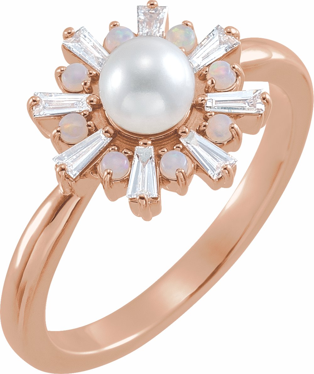 14K Rose Cultured White Akoya Pearl, Natural White Opal & 1/4 CTW Natural Diamond