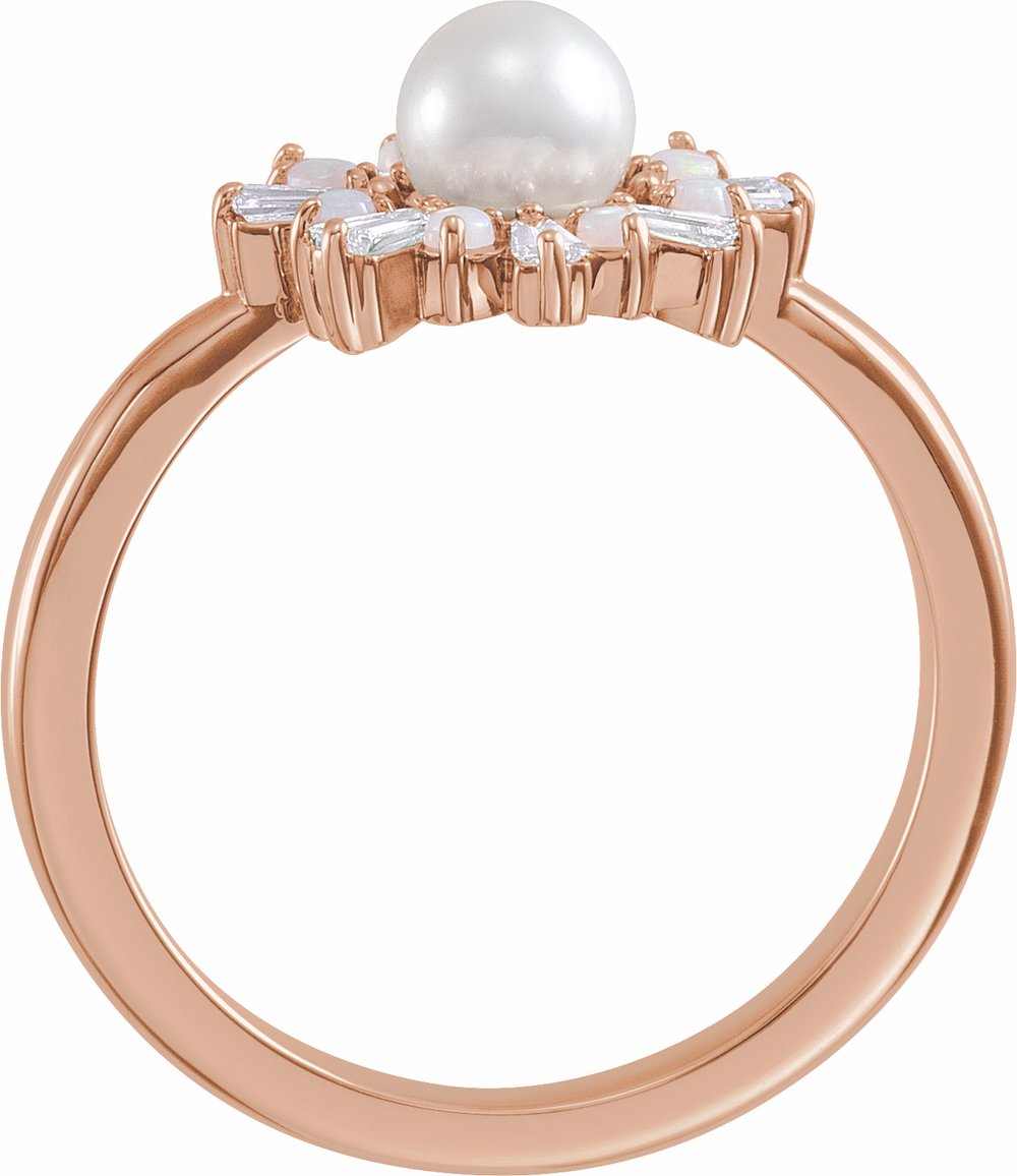 14K Rose Cultured White Akoya Pearl, Natural White Opal & 1/4 CTW Natural Diamond