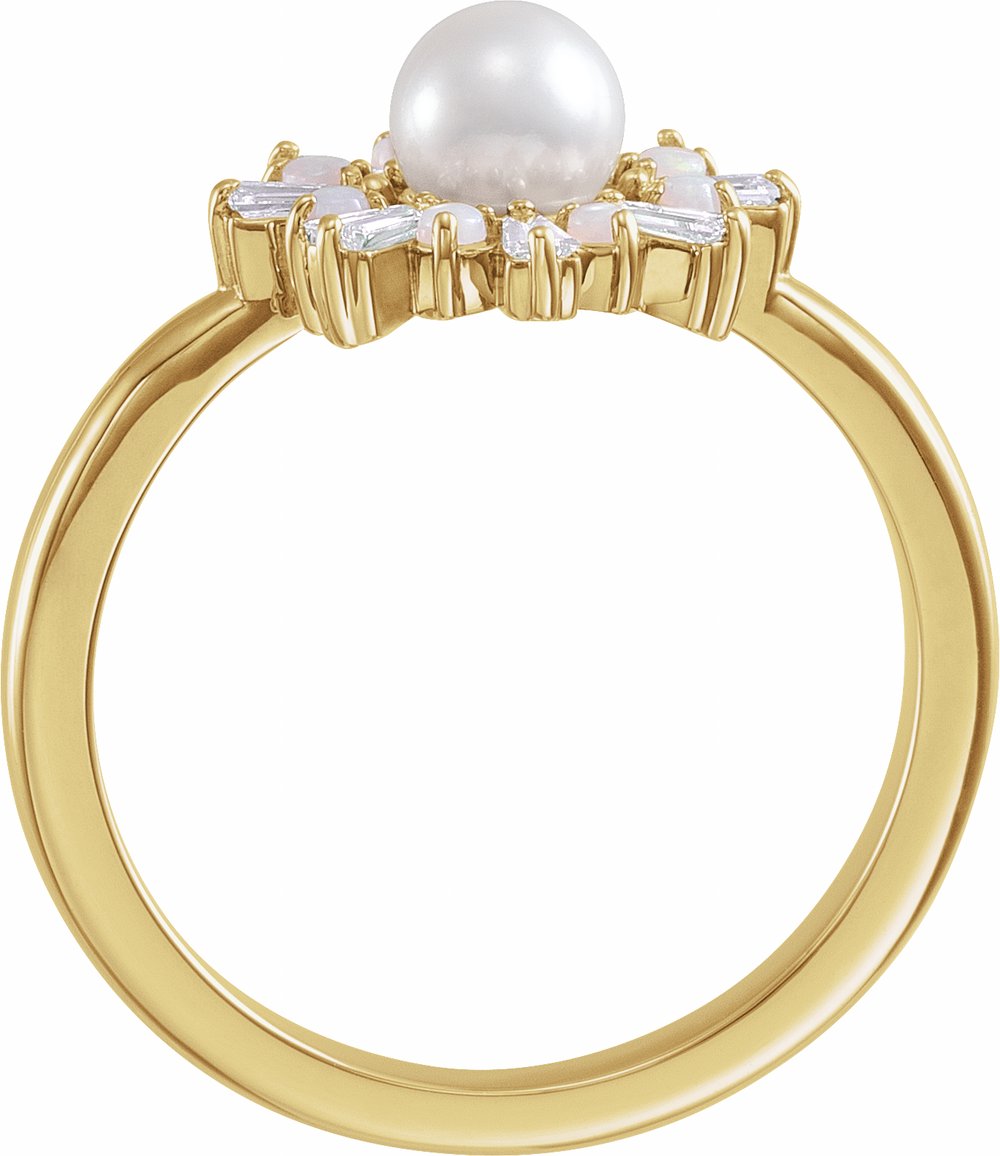 14K Yellow Cultured White Akoya Pearl, Natural White Opal & 1/4 CTW Natural Diamond Ring