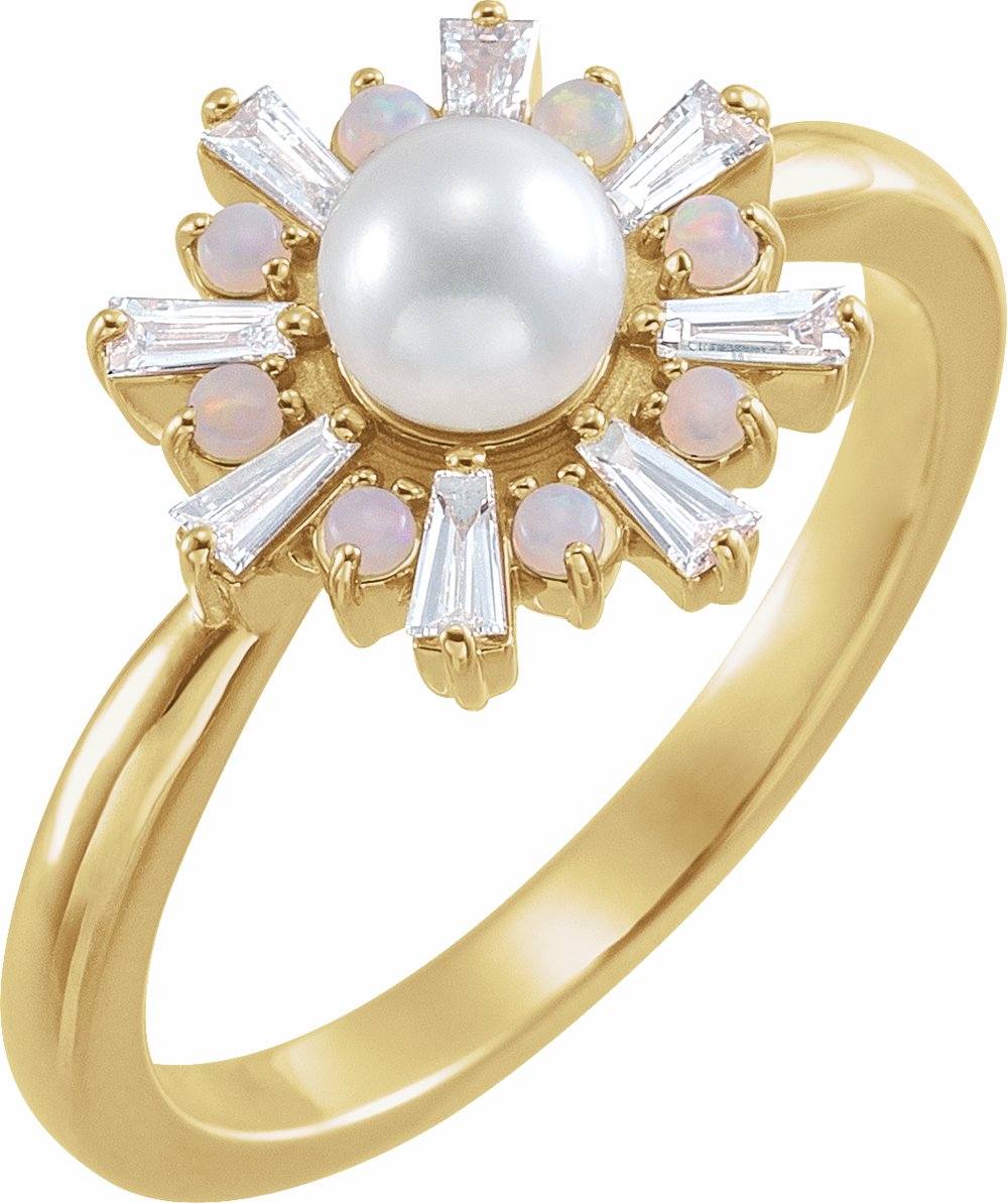 14K Yellow Gold Cultured White Akoya Pearl, Natural White Opal & 1/4 CTW Natural Diamond Ring